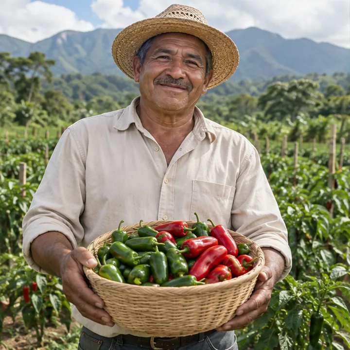Ilustración de un productor con su cosecha de ají en el campo.